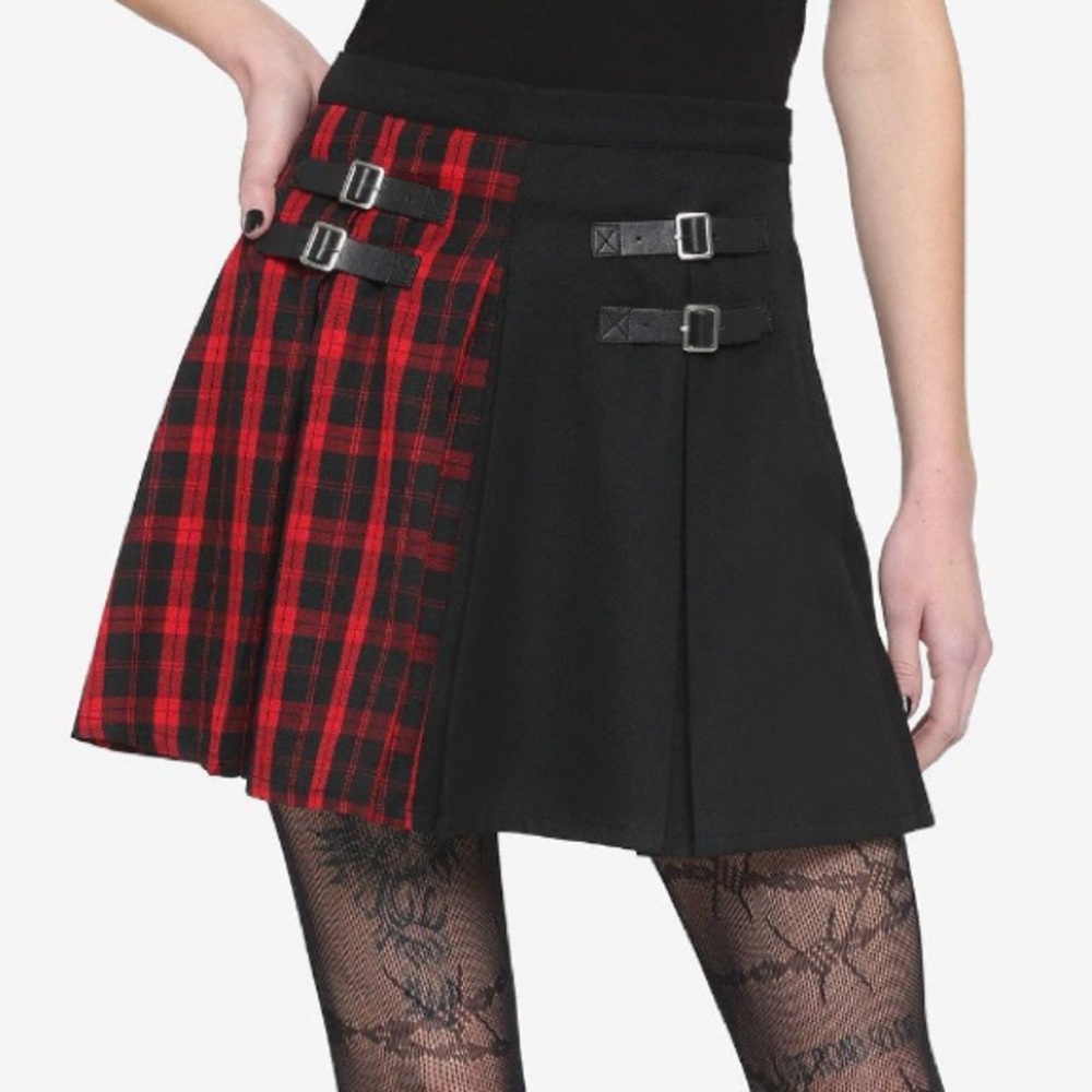 Red Plaid & Black Split Buckle Skirt Hot Topic
